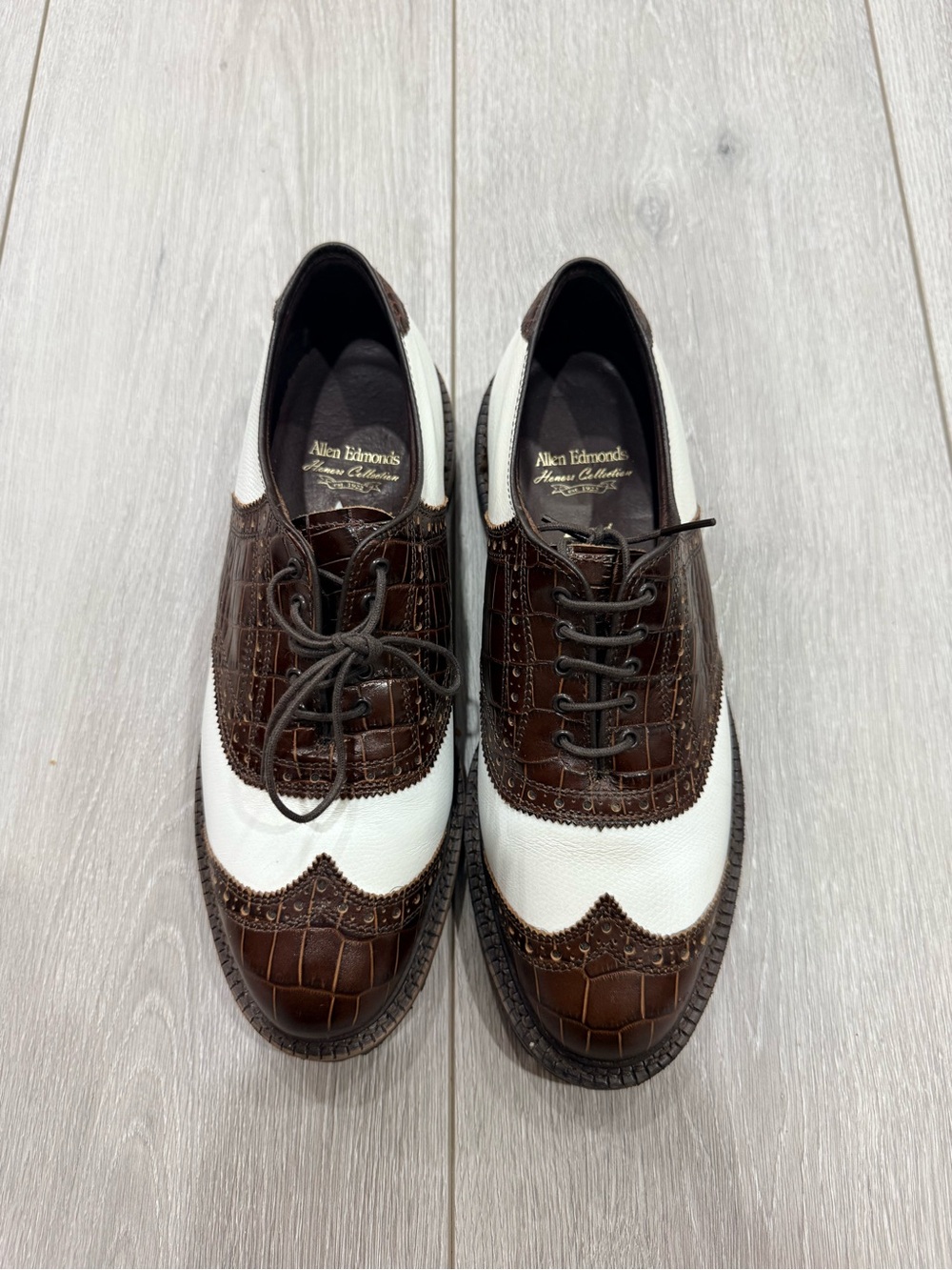 Allen Edmonds Brown Croc-Textured and White Two-Tone Wingtip Derbys